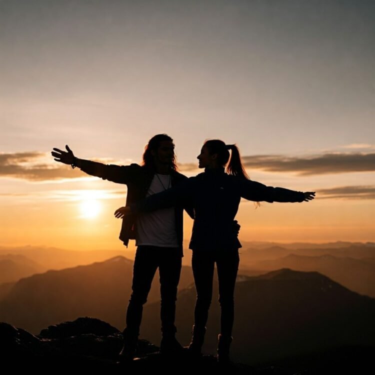 Two individuals, bathed in warm sunlight symbolizing a shared spiritual experience
