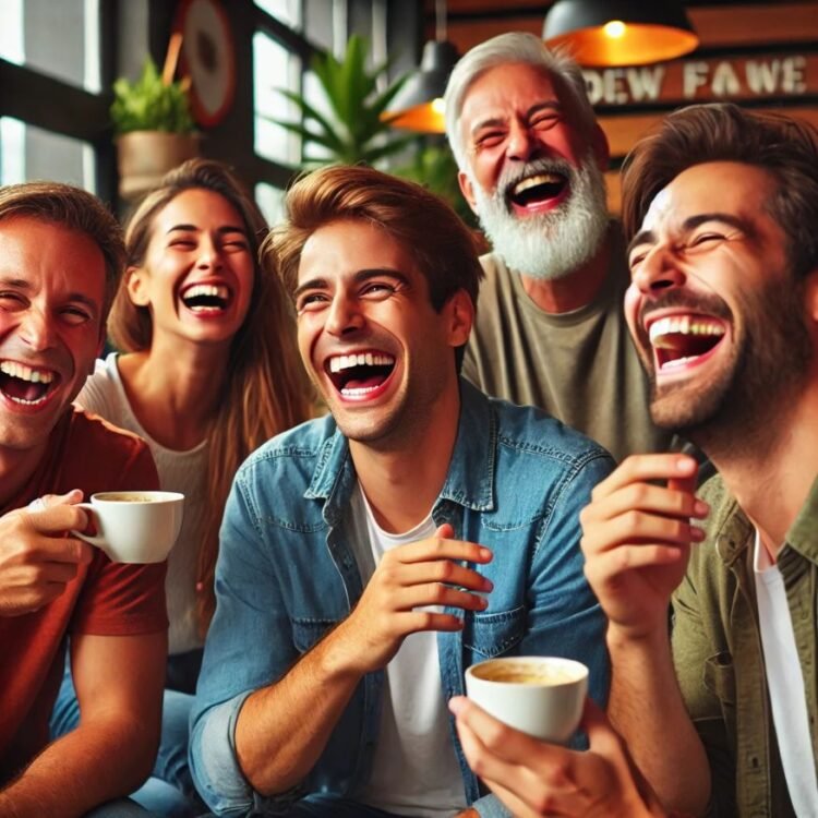 A cheerful group of people laughing together in a café setting