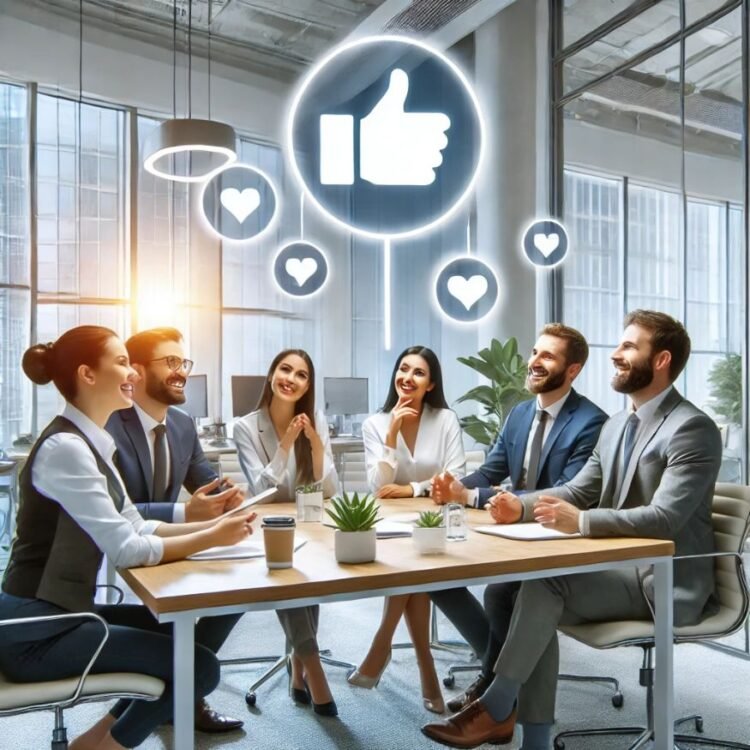 A modern office setting where professionals engage in a collaborative and friendly discussion