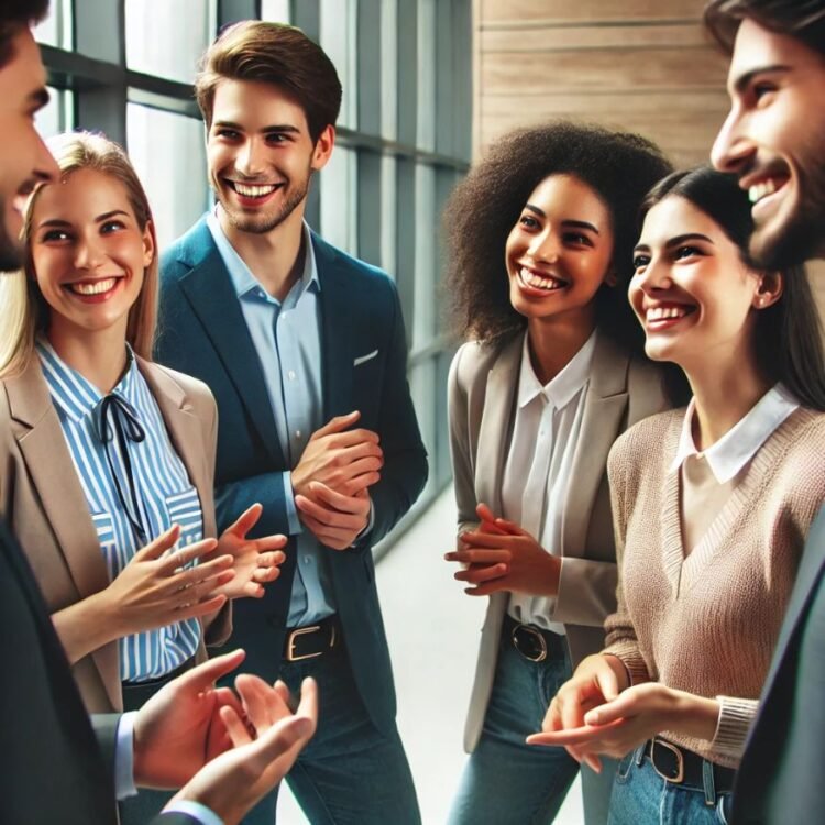 A group of diverse individuals engaged in friendly conversation